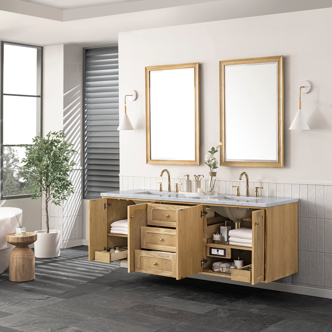 Laurent 72" Double Vanity, Light Natural Oak w/ 3 CM Carrara Marble Top