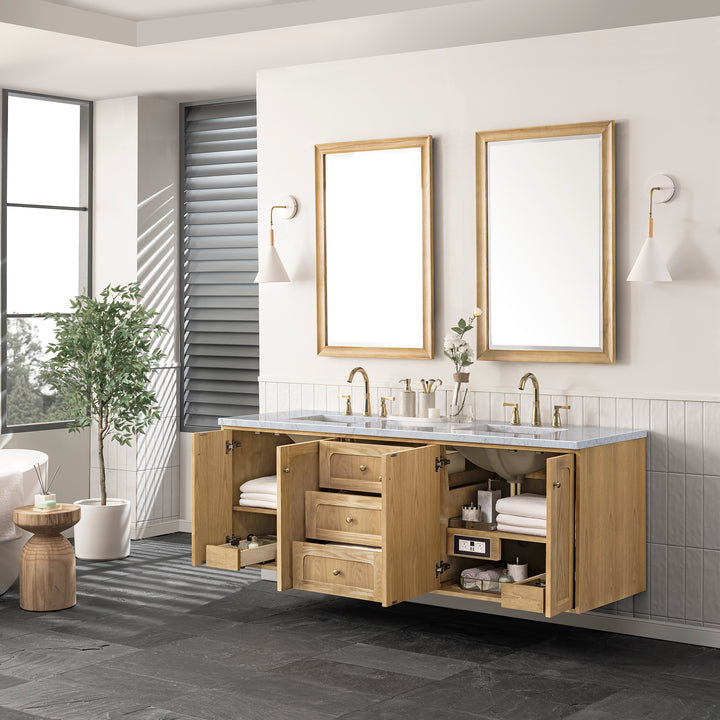 Laurent 72" Double Vanity, Light Natural Oak w/ 3 CM Carrara Marble Top