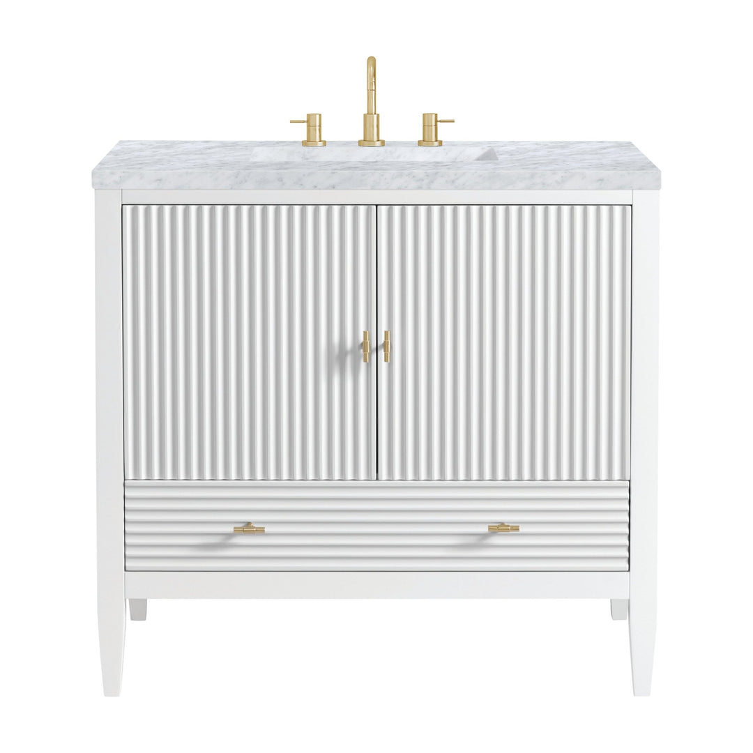 Myrrin 36" Vanity, Bright White w/ 3 CM Carrara White Marble Top