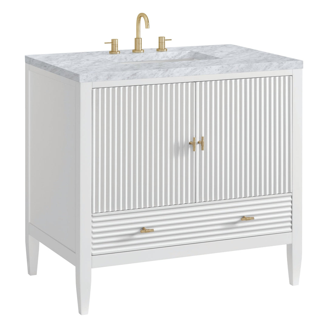 Myrrin 36" Vanity, Bright White w/ 3 CM Carrara White Marble Top