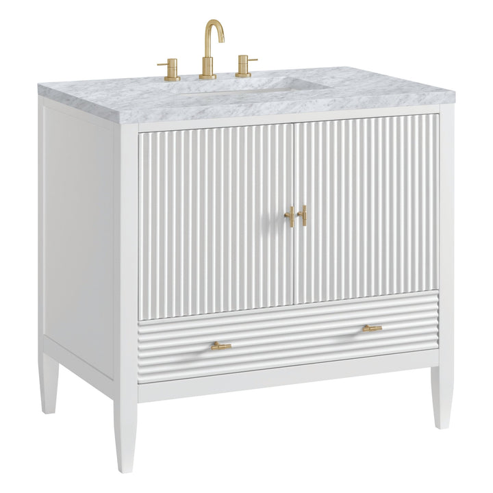 Myrrin 36" Vanity, Bright White w/ 3 CM Carrara White Marble Top