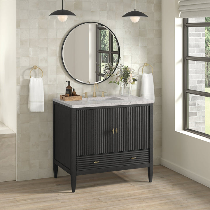 Myrrin 36" Vanity, Carbon Oak w/ 3 CM Eternal Jasmine Pearl Silestone Top