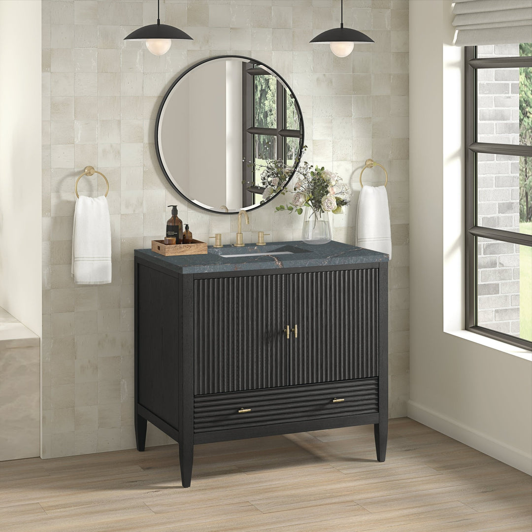 Myrrin 36" Vanity, Carbon Oak w/ 3 CM Parisien Bleu Silestone Top