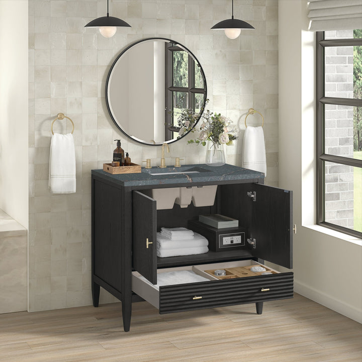 Myrrin 36" Vanity, Carbon Oak w/ 3 CM Parisien Bleu Silestone Top