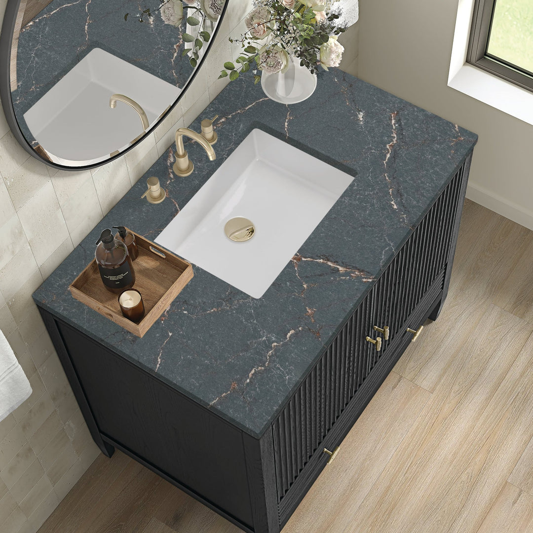 Myrrin 36" Vanity, Carbon Oak w/ 3 CM Parisien Bleu Silestone Top