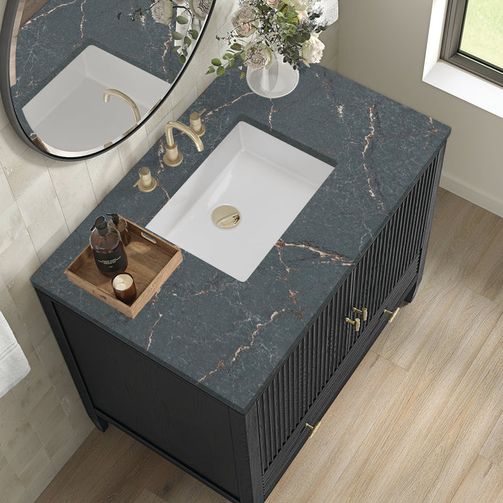 Myrrin 36" Vanity, Carbon Oak w/ 3 CM Parisien Bleu Silestone Top