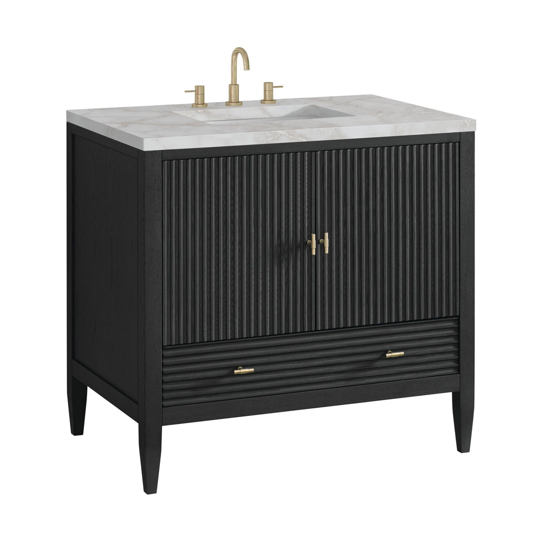Myrrin 36" Vanity, Carbon Oak w/ 3 CM Victorian Silver Silestone Top