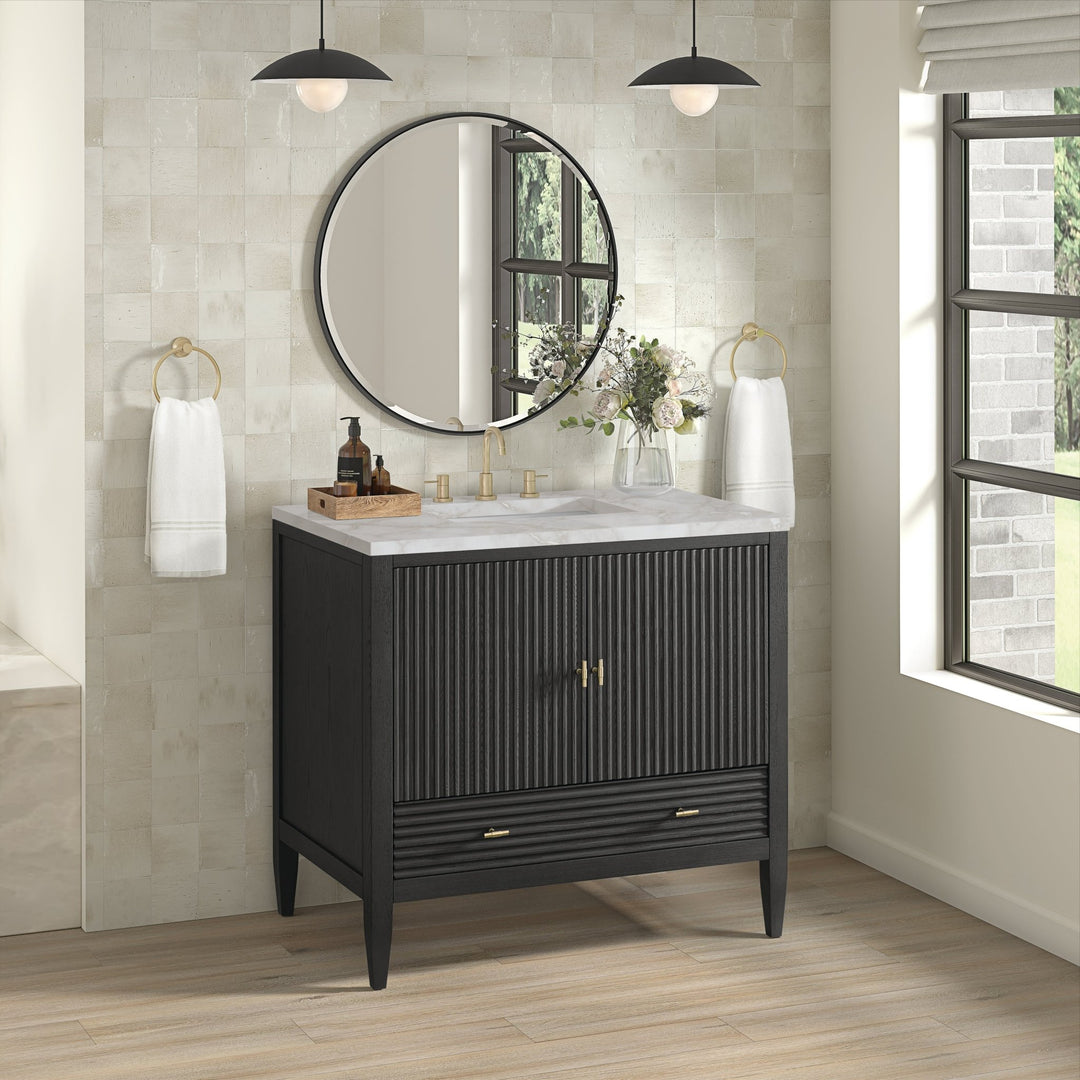 Myrrin 36" Vanity, Carbon Oak w/ 3 CM Victorian Silver Silestone Top