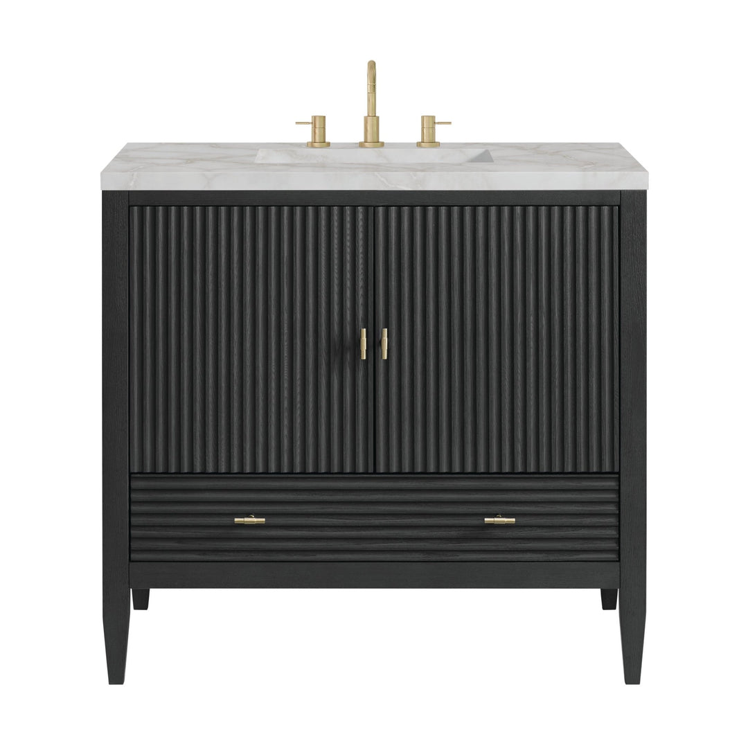 Myrrin 36" Vanity, Carbon Oak w/ 3 CM Victorian Silver Silestone Top