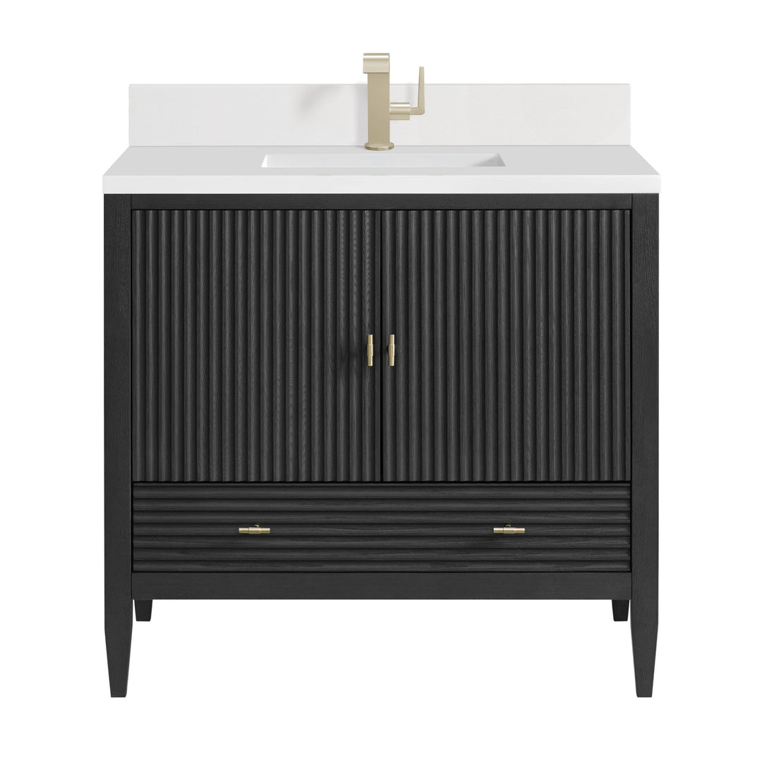 Myrrin 36" Vanity, Carbon Oak w/ Single Hole 3 CM White Zeus Silestone Top & Backsplash