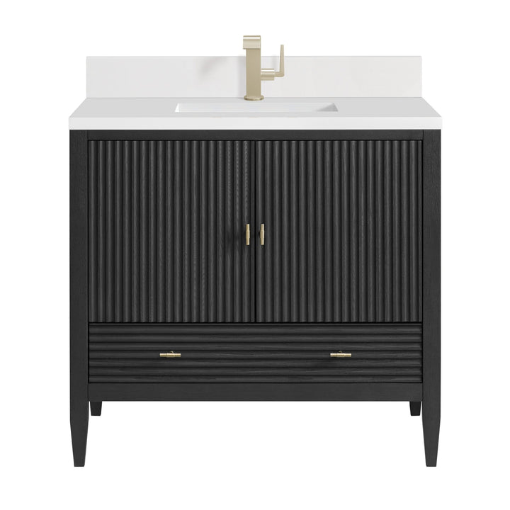 Myrrin 36" Vanity, Carbon Oak w/ Single Hole 3 CM White Zeus Silestone Top & Backsplash