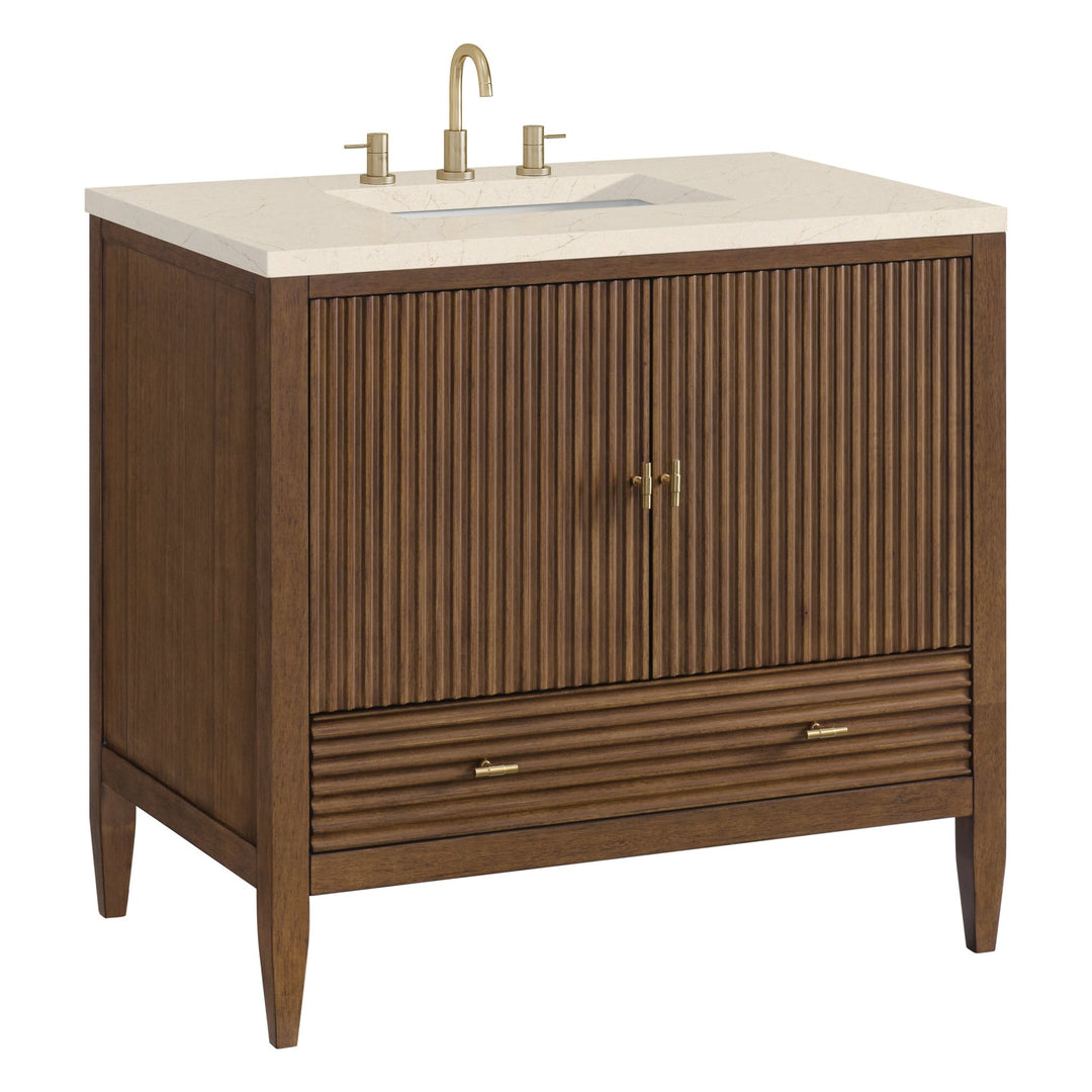 Myrrin 36" Vanity, Mid Century Walnut w/ 3 CM Eternal Marfil Silestone Top