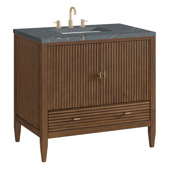 Myrrin 36" Vanity, Mid Century Walnut w/ 3 CM Parisien Bleu Silestone Top