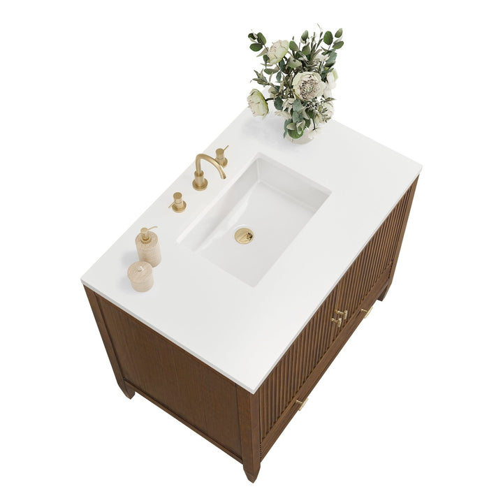 Myrrin 36" Vanity, Mid Century Walnut w/ 3 CM White Zeus Silestone Top