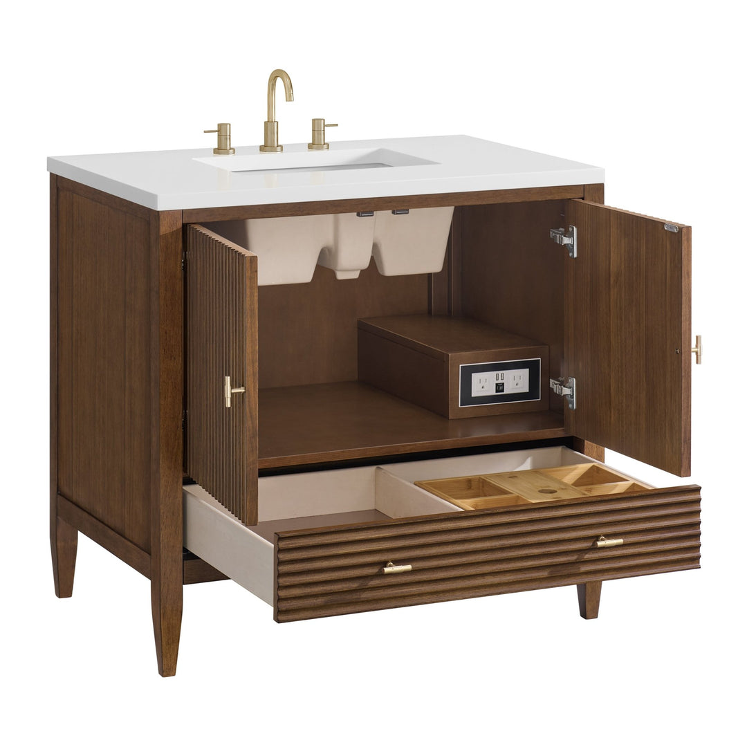 Myrrin 36" Vanity, Mid Century Walnut w/ 3 CM White Zeus Silestone Top