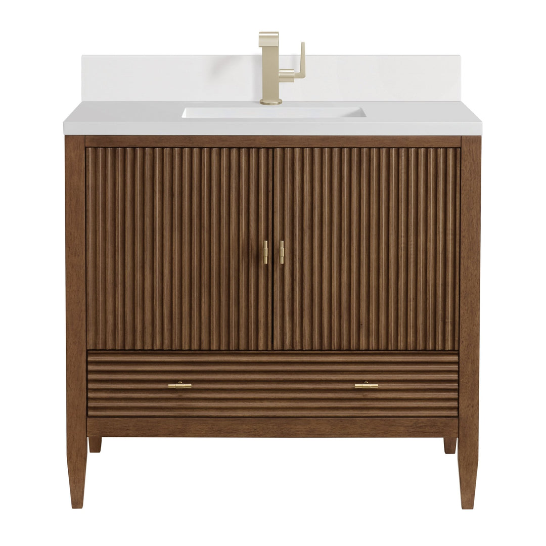 Myrrin 36" Vanity, Mid Century Walnut w/ Single Hole 3 CM White Zeus Silestone Top & Backsplash