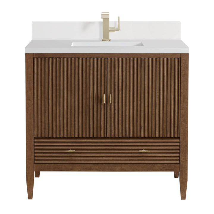 Myrrin 36" Vanity, Mid Century Walnut w/ Single Hole 3 CM White Zeus Silestone Top & Backsplash