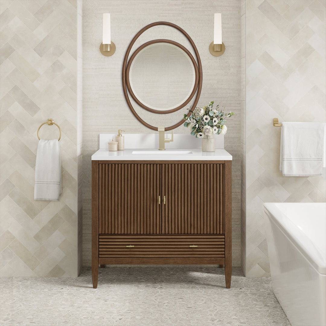 Myrrin 36" Vanity, Mid Century Walnut w/ Single Hole 3 CM White Zeus Silestone Top & Backsplash