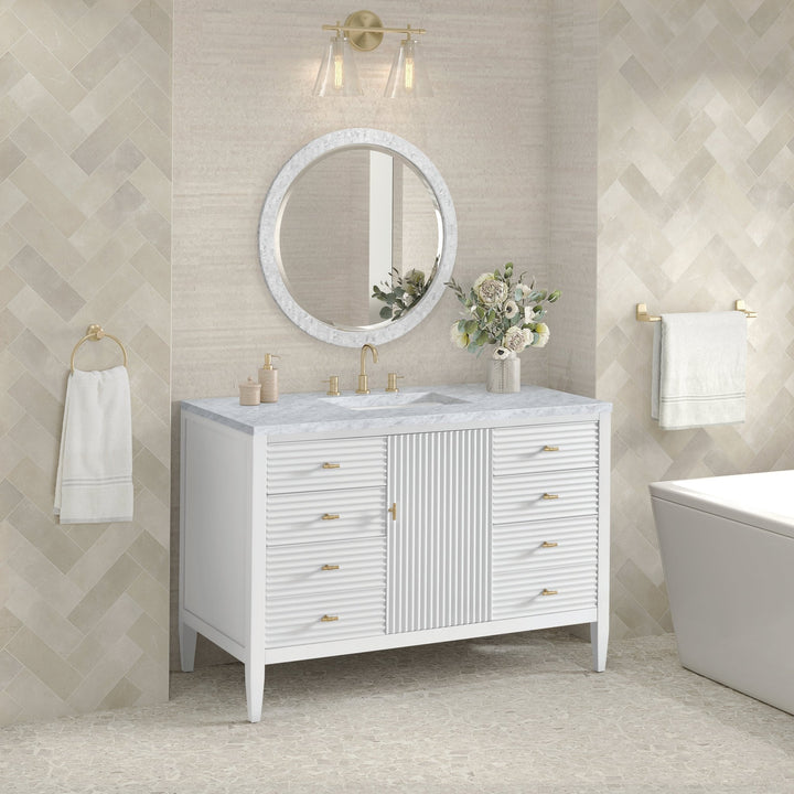 Myrrin 48" Vanity, Bright White w/ 3 CM Carrara White Marble Top