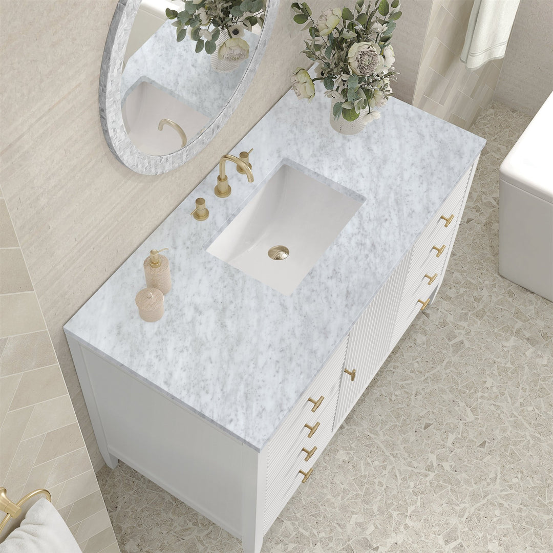 Myrrin 48" Vanity, Bright White w/ 3 CM Carrara White Marble Top