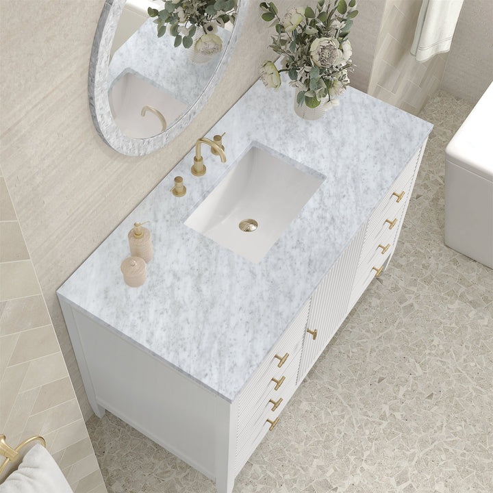 Myrrin 48" Vanity, Bright White w/ 3 CM Carrara White Marble Top
