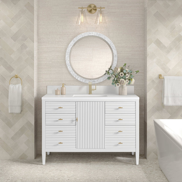 Myrrin 48" Vanity, Bright White w/ Single Hole 3 CM White Zeus Silestone Top & Backsplash