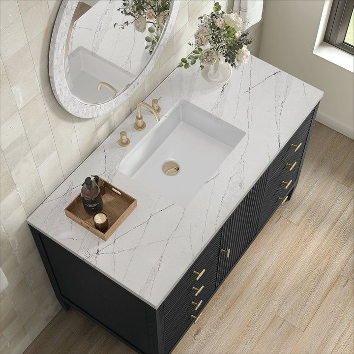 Myrrin 48" Vanity, Carbon Oak w/ 3 CM Ethereal Noctis Silestone Top w/FreePower Wireless Charger