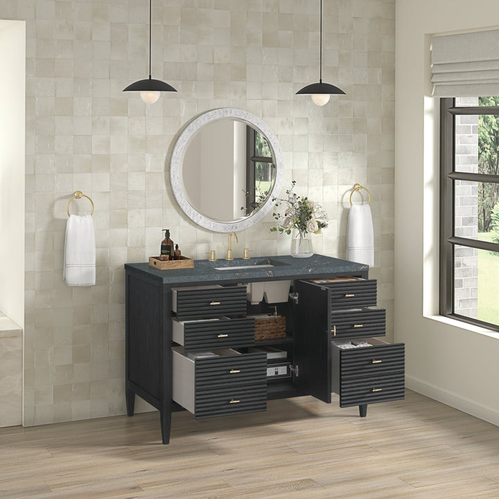 Myrrin 48" Vanity, Carbon Oak w/ 3 CM Parisien Bleu Silestone Top w/FreePower Wireless Charger
