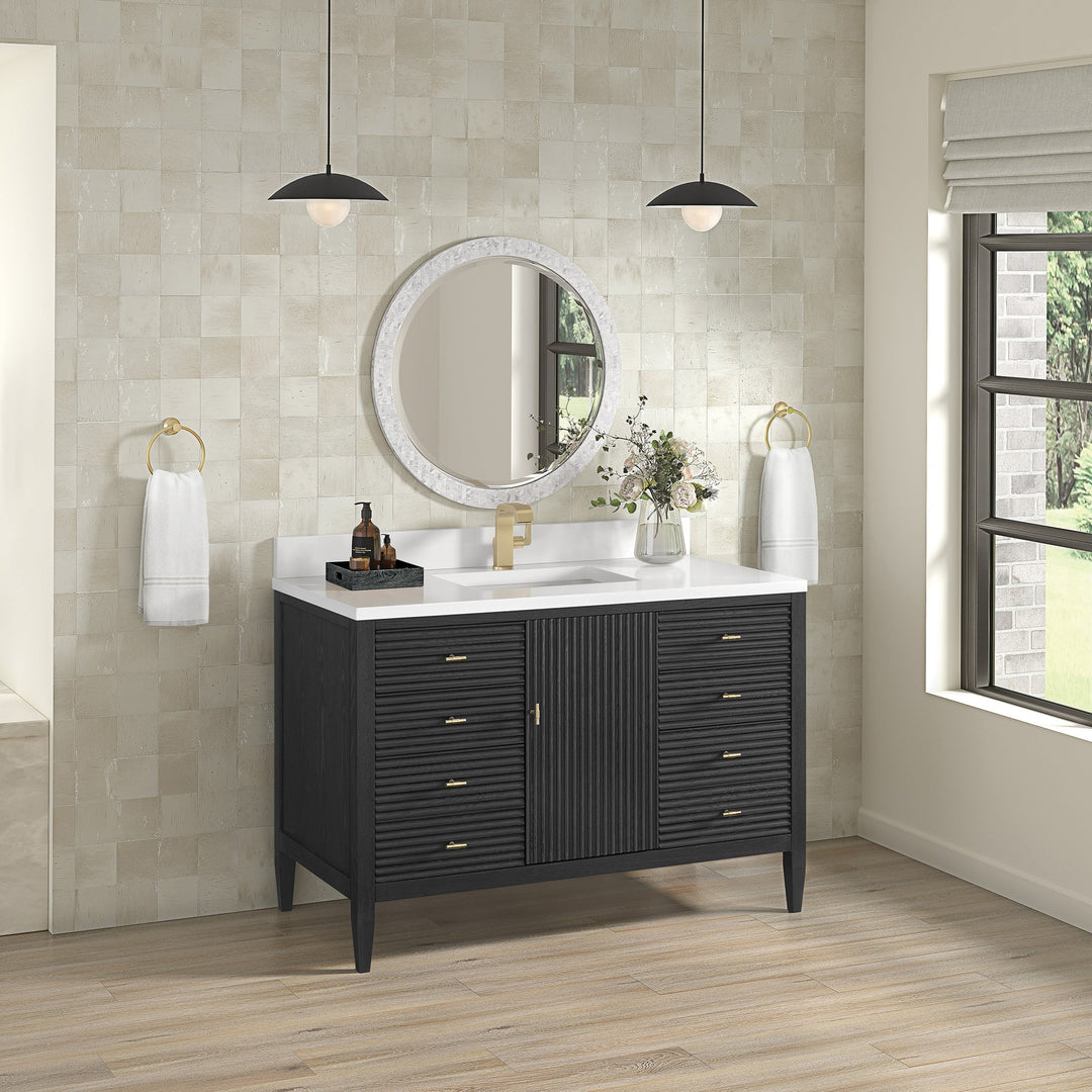 Myrrin 48" Vanity, Carbon Oak w/ Single Hole 3 CM White Zeus Silestone Top & Backsplash