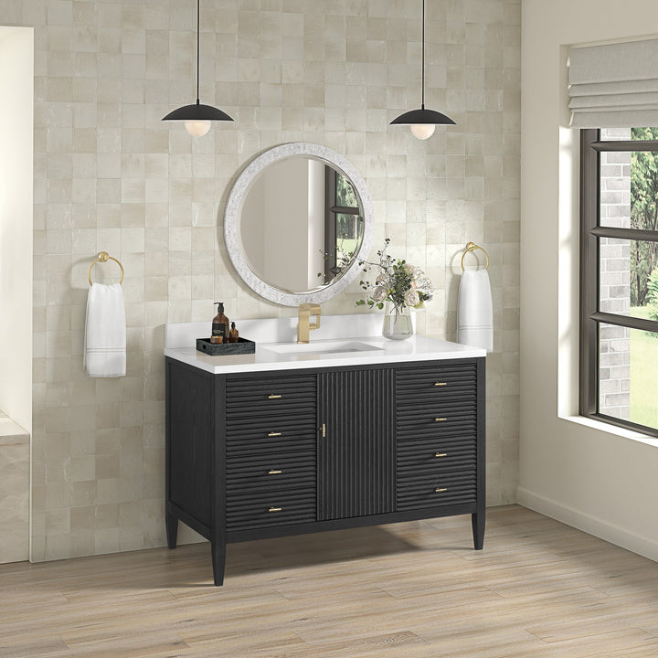 Myrrin 48" Vanity, Carbon Oak w/ Single Hole 3 CM White Zeus Silestone Top & Backsplash