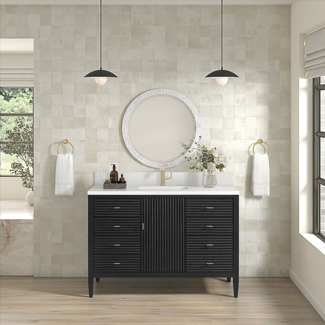 Myrrin 48" Vanity, Carbon Oak w/ Single Hole 3 CM White Zeus Silestone Top & Backsplash