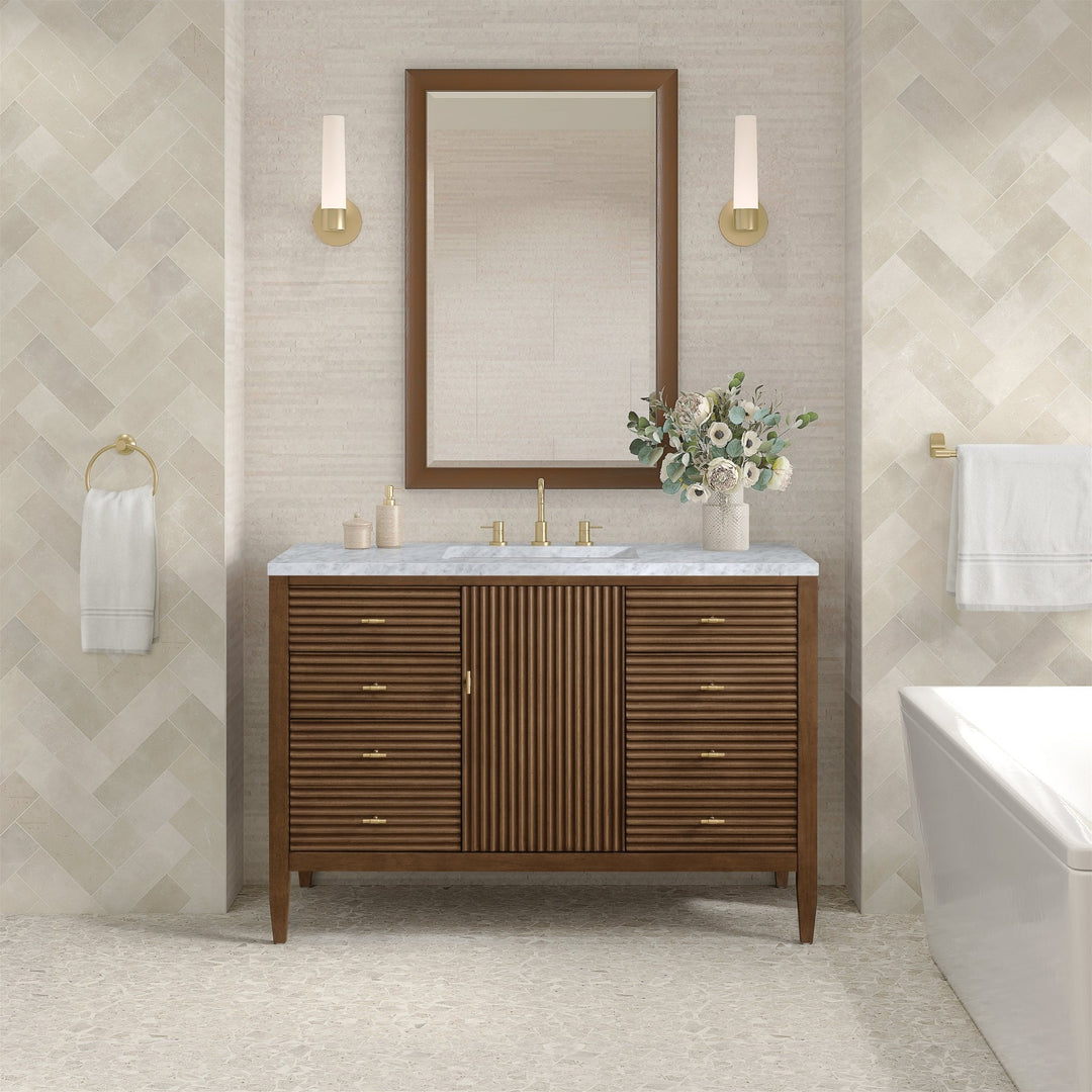 Myrrin 48" Vanity, Mid Century Walnut w/ 3 CM Carrara White Marble Top