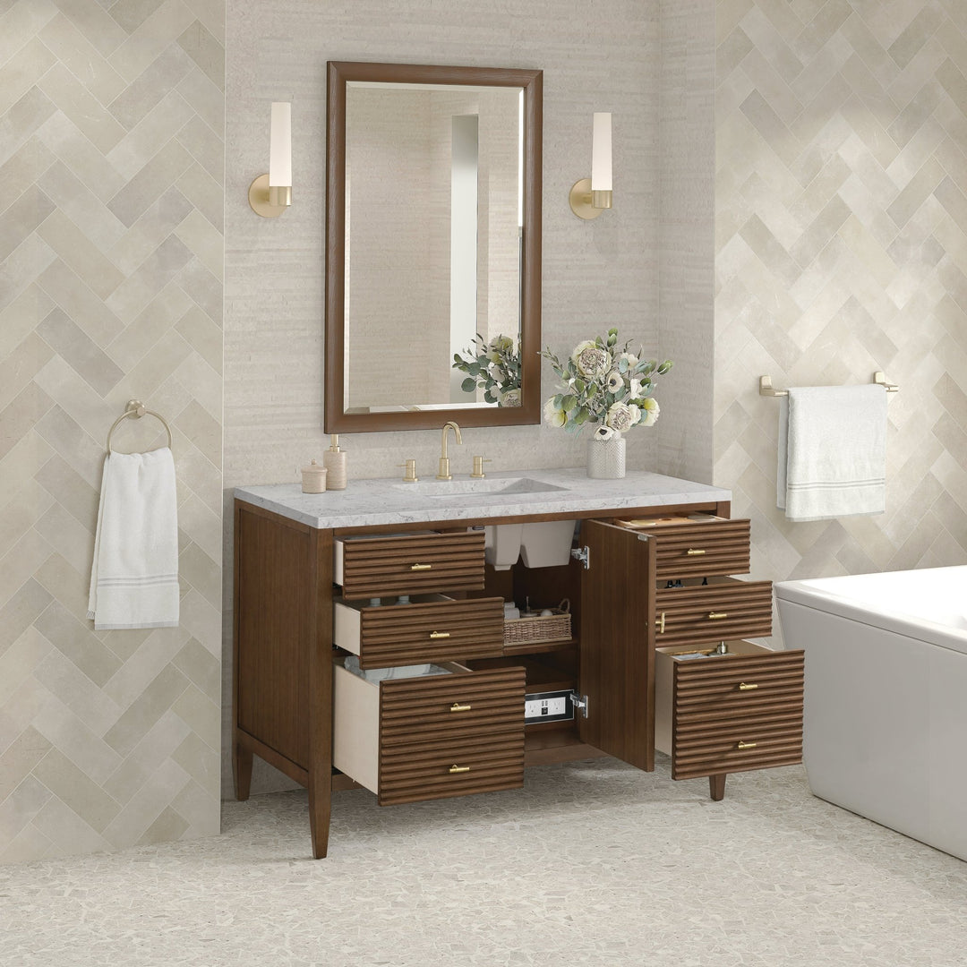 Myrrin 48" Vanity, Mid Century Walnut w/ 3 CM Eternal Jasmine Pearl Silestone Top w/FreePower Wireless Charger