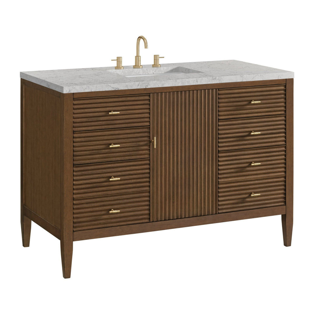 Myrrin 48" Vanity, Mid Century Walnut w/ 3 CM Eternal Jasmine Pearl Silestone Top w/FreePower Wireless Charger