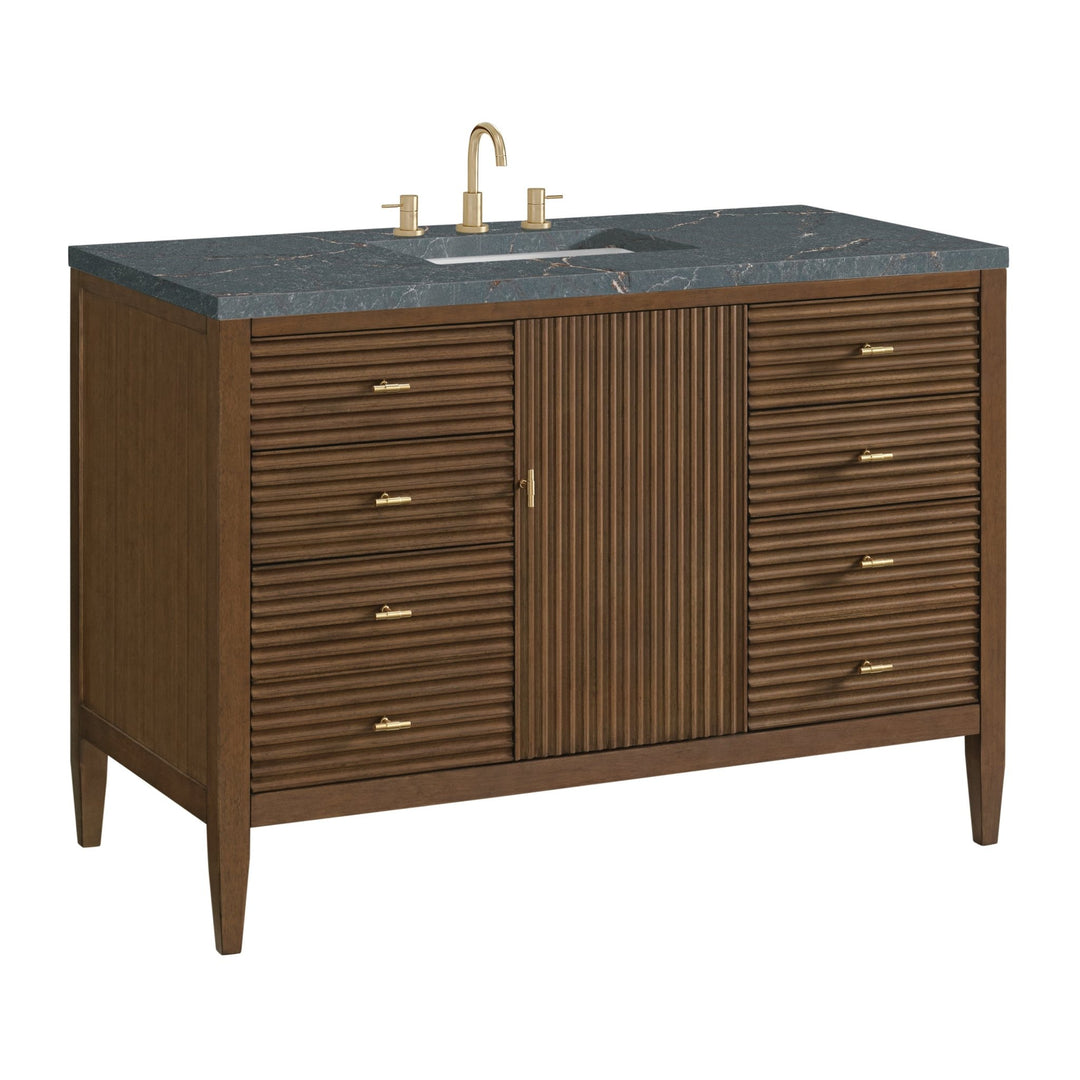Myrrin 48" Vanity, Mid Century Walnut w/ 3 CM Parisien Bleu Silestone Top w/FreePower Wireless Charger