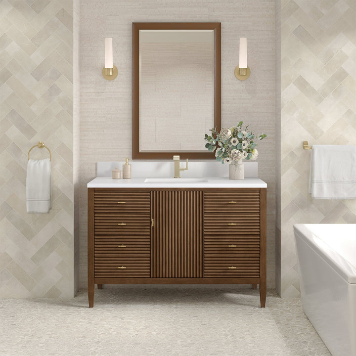 Myrrin 48" Vanity, Mid Century Walnut w/ Single Hole 3 CM White Zeus Silestone Top & Backsplash