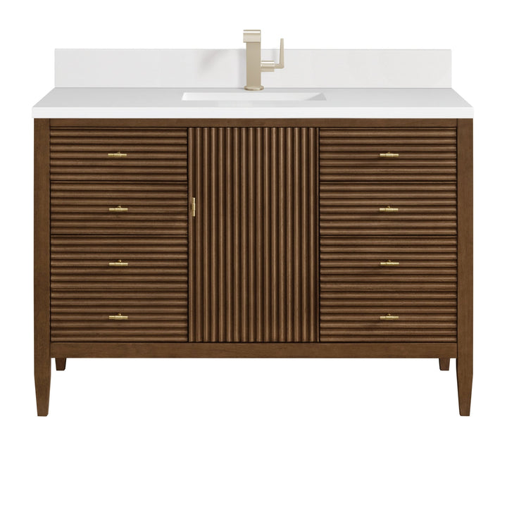 Myrrin 48" Vanity, Mid Century Walnut w/ Single Hole 3 CM White Zeus Silestone Top & Backsplash