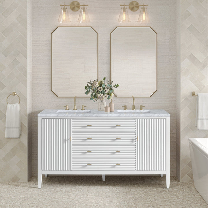 Myrrin 60" Double Vanity, Bright White w/ 3 CM Carrara White Marble Top