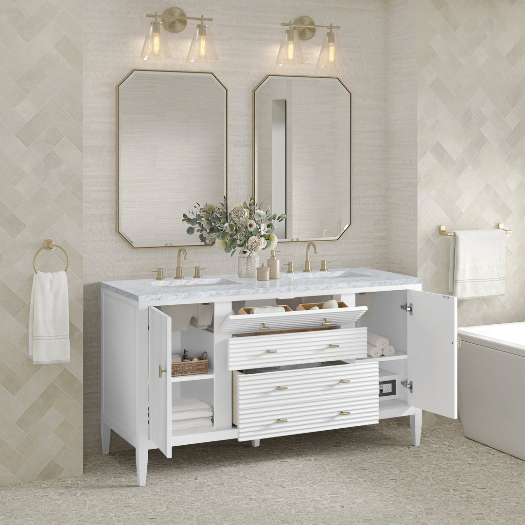 Myrrin 60" Double Vanity, Bright White w/ 3 CM Carrara White Marble Top
