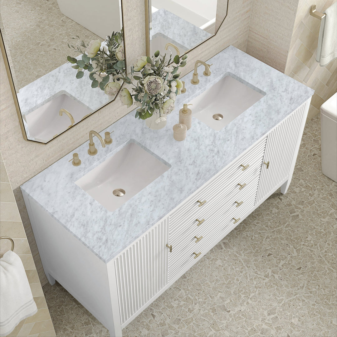 Myrrin 60" Double Vanity, Bright White w/ 3 CM Carrara White Marble Top