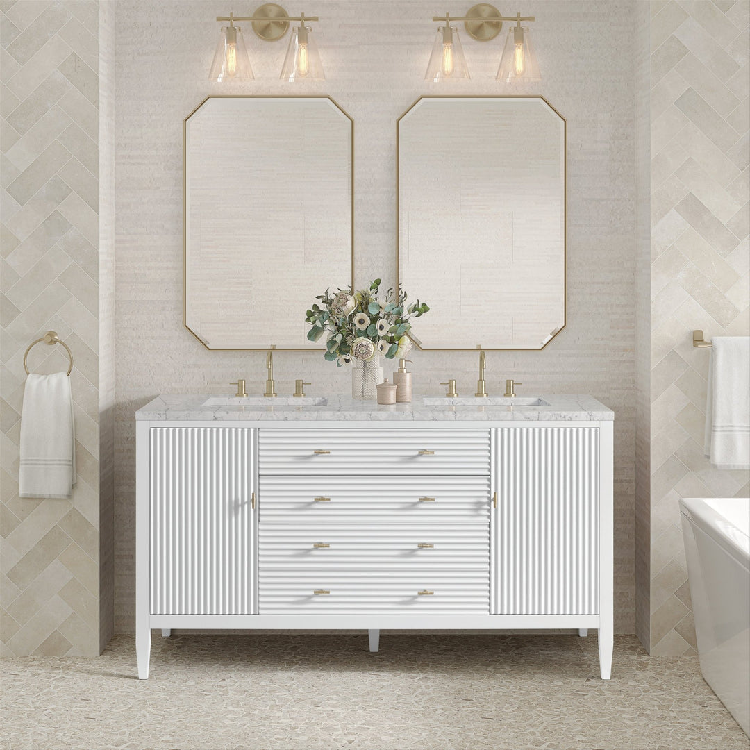 Myrrin 60" Double Vanity, Bright White w/ 3 CM Eternal Jasmine Pearl Silestone Top