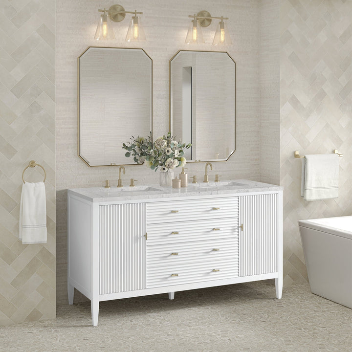 Myrrin 60" Double Vanity, Bright White w/ 3 CM Eternal Jasmine Pearl Silestone Top w/FreePower Wireless Charger
