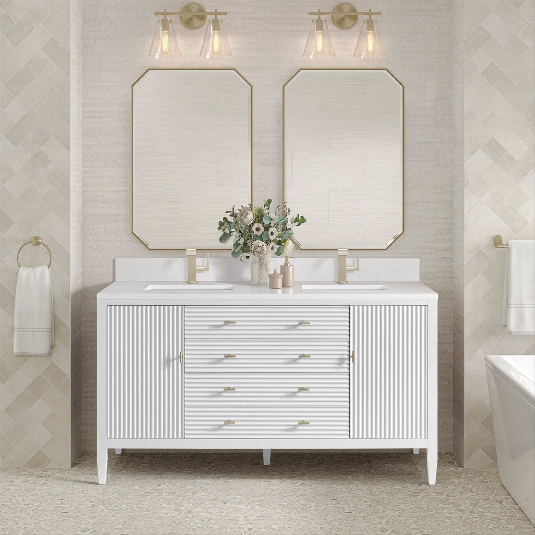 Myrrin 60" Double Vanity, Bright White w/ Single Hole 3 CM White Zeus Silestone Top & Backsplash