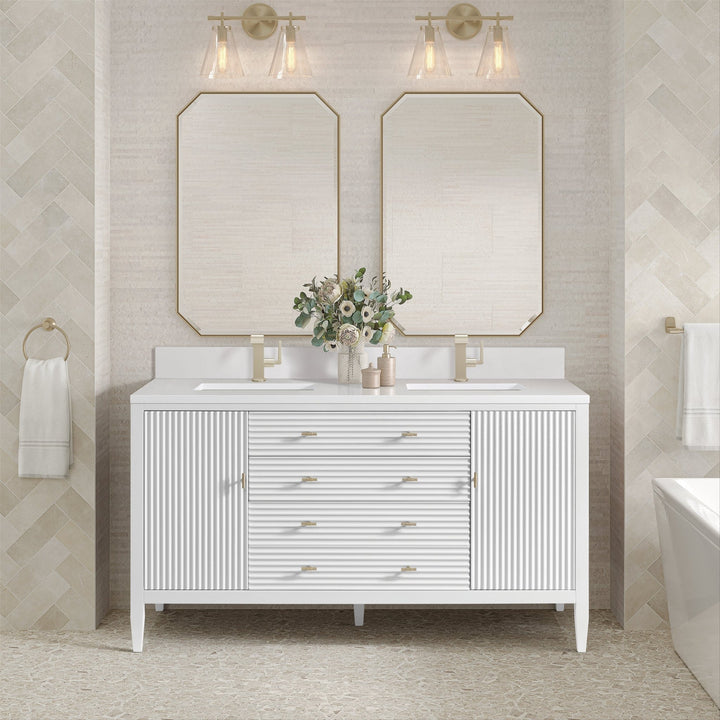 Myrrin 60" Double Vanity, Bright White w/ Single Hole 3 CM White Zeus Silestone Top & Backsplash