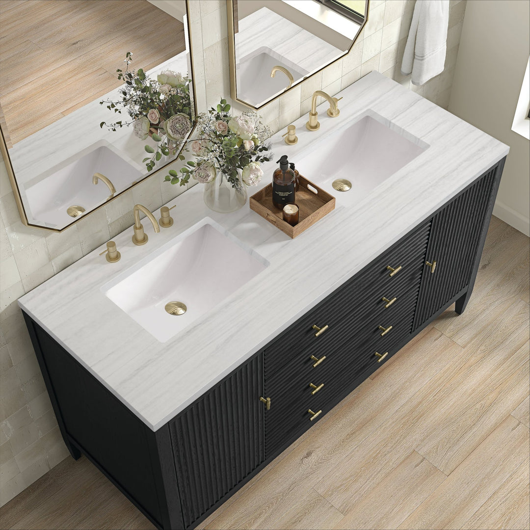 Myrrin 60" Double Vanity, Carbon Oak w/ 3 CM Arctic Fall Solid Surface Top