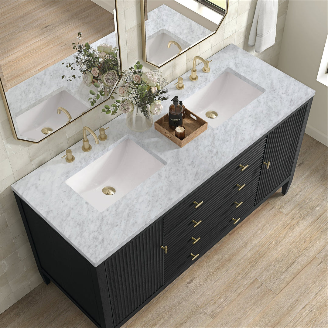 Myrrin 60" Double Vanity, Carbon Oak w/ 3 CM Carrara White Marble Top