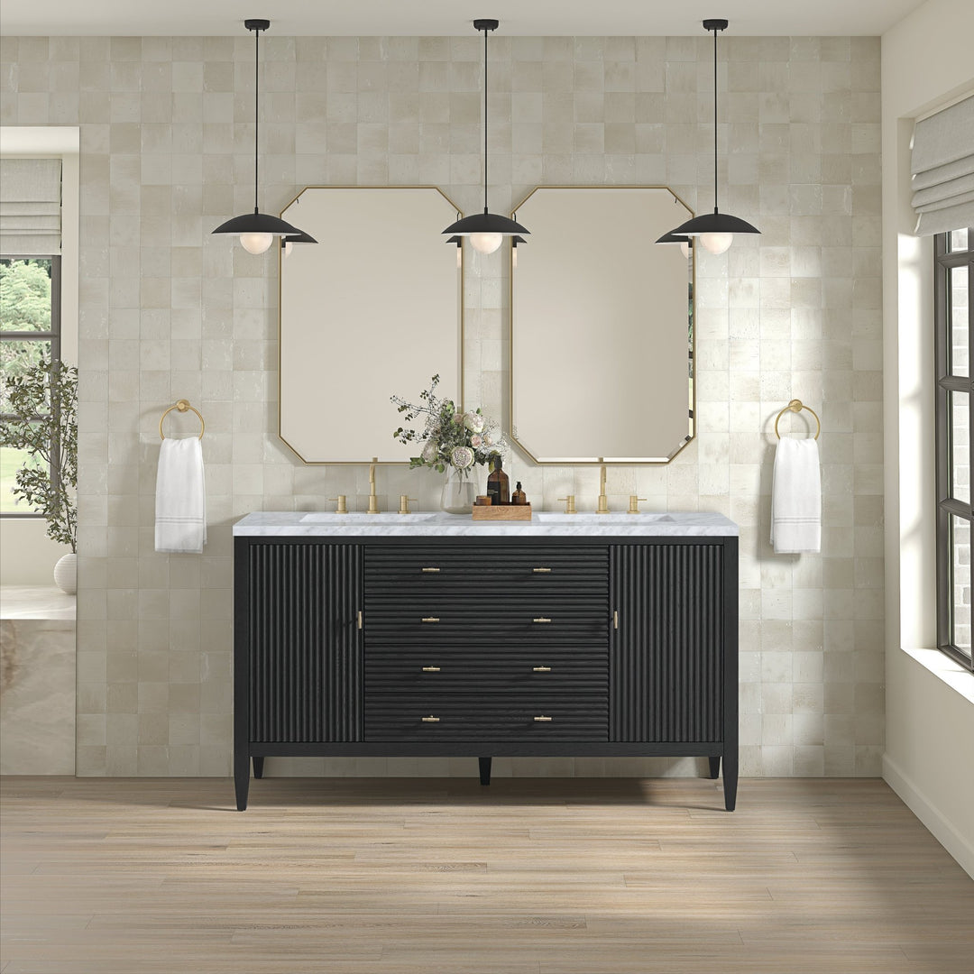 Myrrin 60" Double Vanity, Carbon Oak w/ 3 CM Carrara White Marble Top