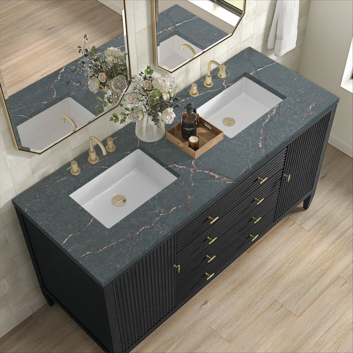 Myrrin 60" Double Vanity, Carbon Oak w/ 3 CM Parisien Bleu Silestone Top
