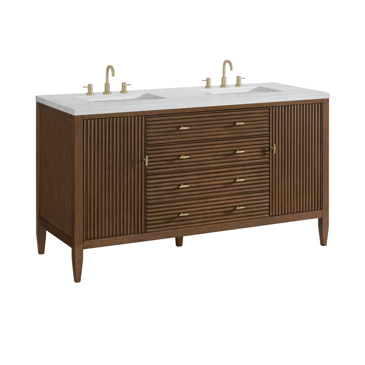 Myrrin 60" Double Vanity, Mid Century Walnut w/ 3 CM Arctic Fall Solid Surface Top