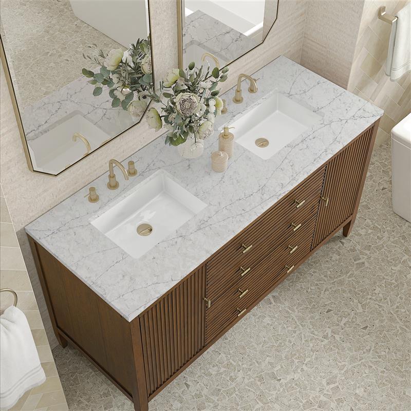 Myrrin 60" Double Vanity, Mid Century Walnut w/ 3 CM Eternal Jasmine Pearl Silestone Top